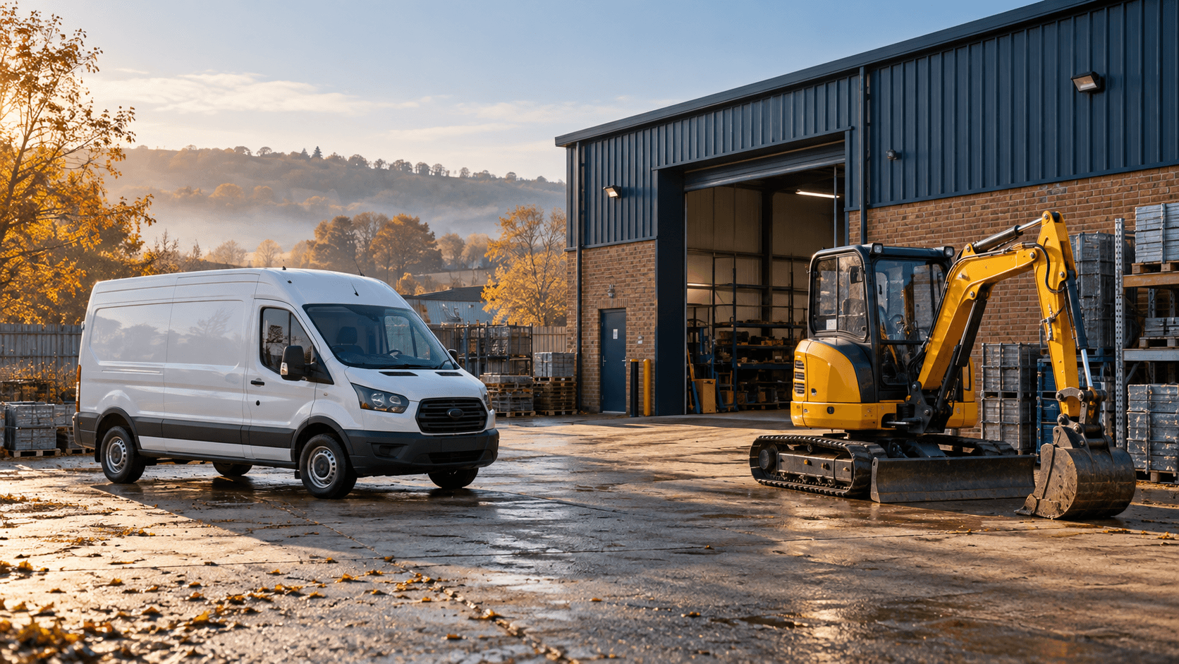 A white commercial van and compact excavator outside a British industrial workshop in autumn