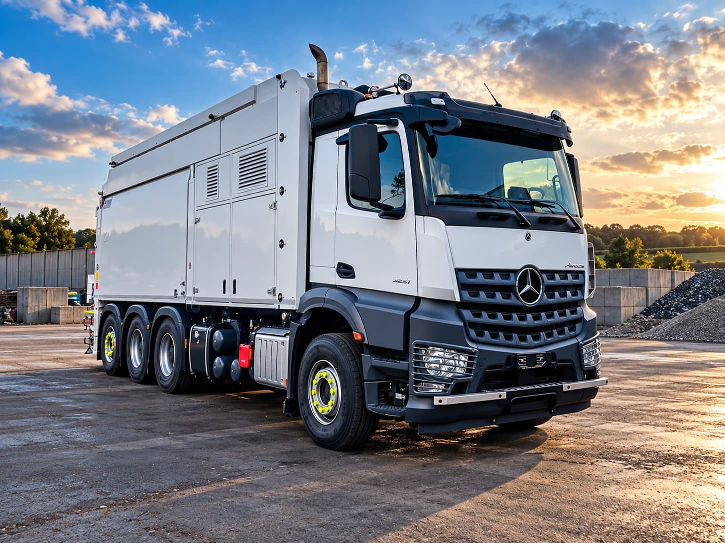 A new white combination vacuum excavator truck parked on an industrial site at sunset